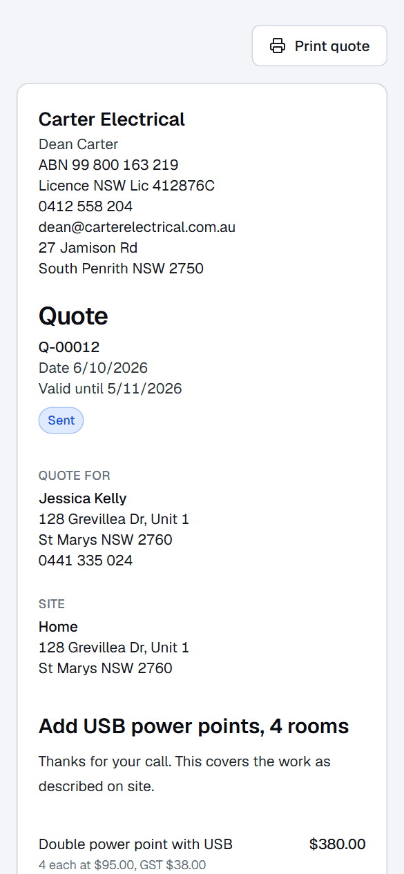 A quote as the customer sees it on their phone